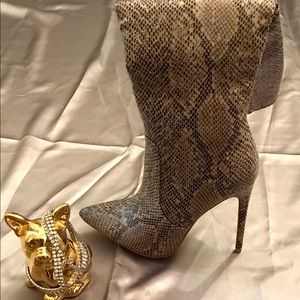 Women’s taupe snake print calf high stilettos